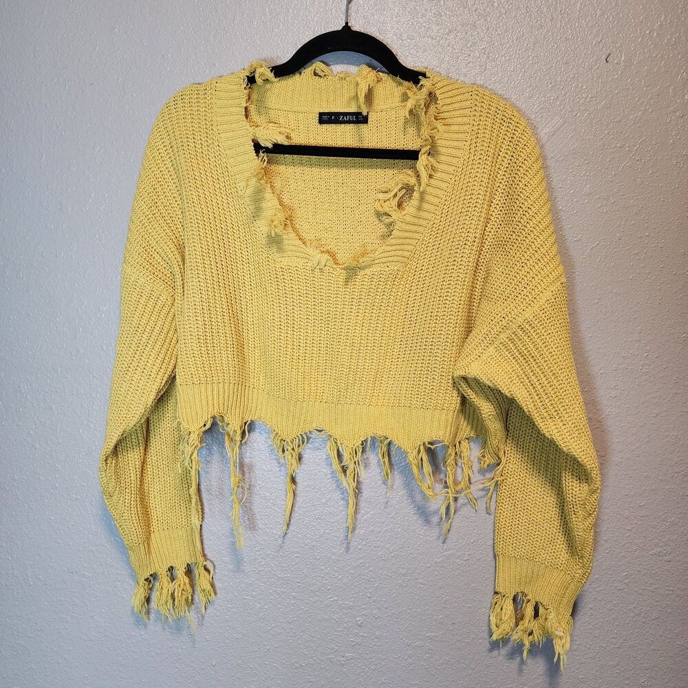 Zaful Distressed Cropped Knit Sweater Womens One Size Yellow Frayed V Neck